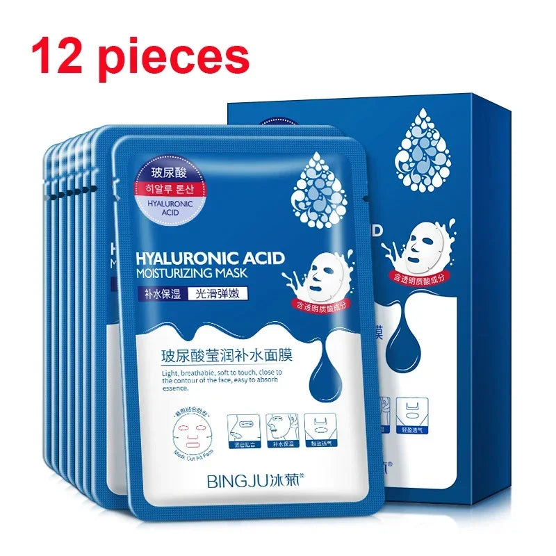 12-Pack Hyaluronic Acid Face Mask Sheets – Moisture & Oil Control