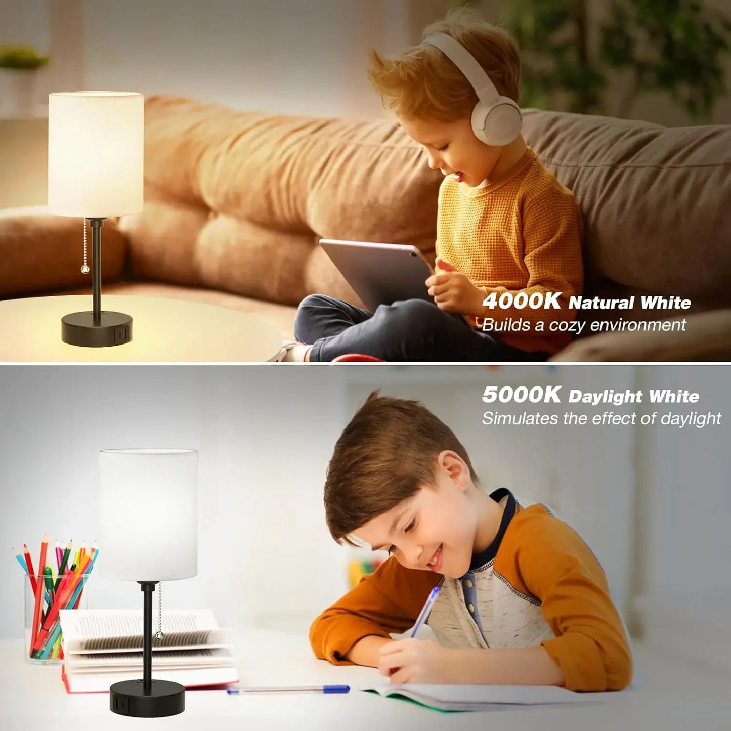 USB-C Bedside Lamp with 3 Color Temperatures, AC Outlet & Pull Chain - White Nightstand Light for Reading Peaceful Pleasures Health and Wellness