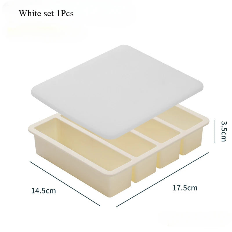 4 Grid Long Strip Square Ice-tray Food Grade Silicone Mold Home Reusable Rectangular Ice Tray Cube Ice Box With Lid or Lidless Peaceful Pleasures Health and Wellness White set