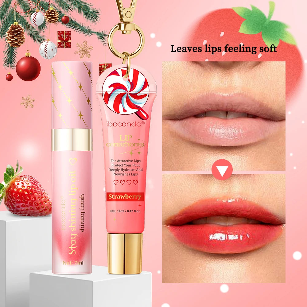 Lip Stain and Lip Oil Set Strawberry Taste Water Based Glossy Gel Hydrating Moisturizing Women Lips Makeup Cosmetic Christmas Peaceful Pleasures Health and Wellness