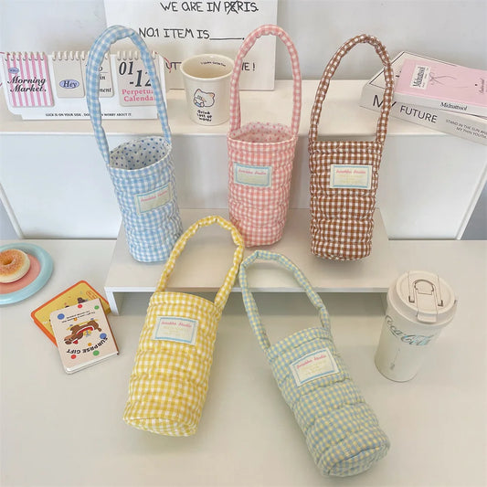 Handheld Cup Cover Fabric Clip Cotton Grid Water Bag Heat-resistant Peaceful Pleasures Health and Wellness