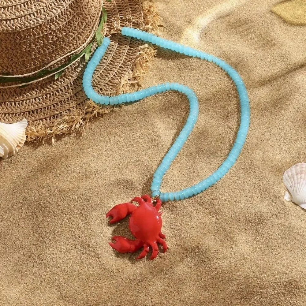 Beaded Crab Pendant Necklace – Boho Enamel Summer Jewelry
