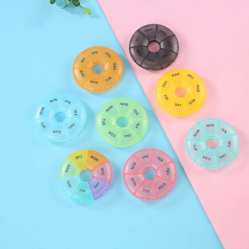 7-Day Round Weekly Pill Organizer – Portable Tablet Case