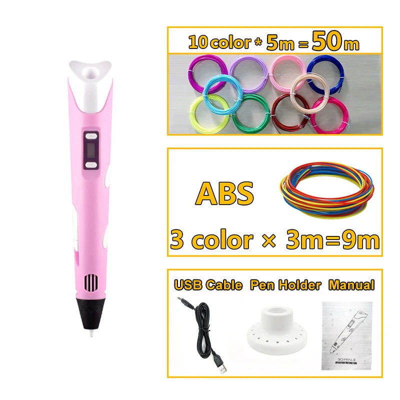 3D Pen 3D DIY Drawing Pen With LCD Screen Compatible PLA Filament Toys Safe 3D Pen for Children Kids Christmas Birthday Gift Peaceful Pleasures Health and Wellness Pink B China Mainland