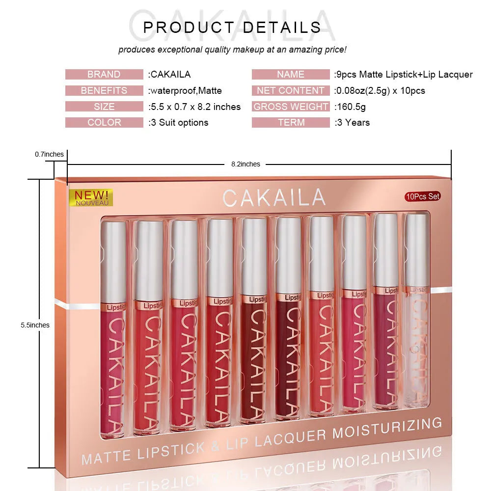 CAKAILA 10-Pc Matte Lip Gloss Set – Waterproof High Pigment