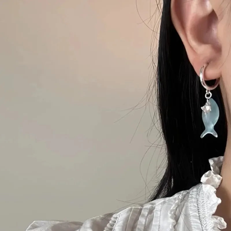 New Fashion Chinese Style Mint Mambo Mother of Pearl Small Fish Ear Button Women's Retro Forest Handmade Tassel Studded Earrings Peaceful Pleasures Health and Wellness