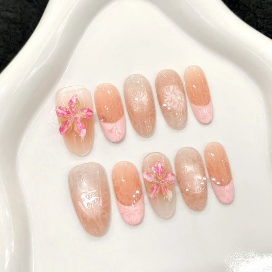 10pcs Handmade Pink French Press on Nails Shiny Cat Eye Petal Design False Nails Wearable Full Cover French Oval False Nail Tips Peaceful Pleasures Health and Wellness XS 1