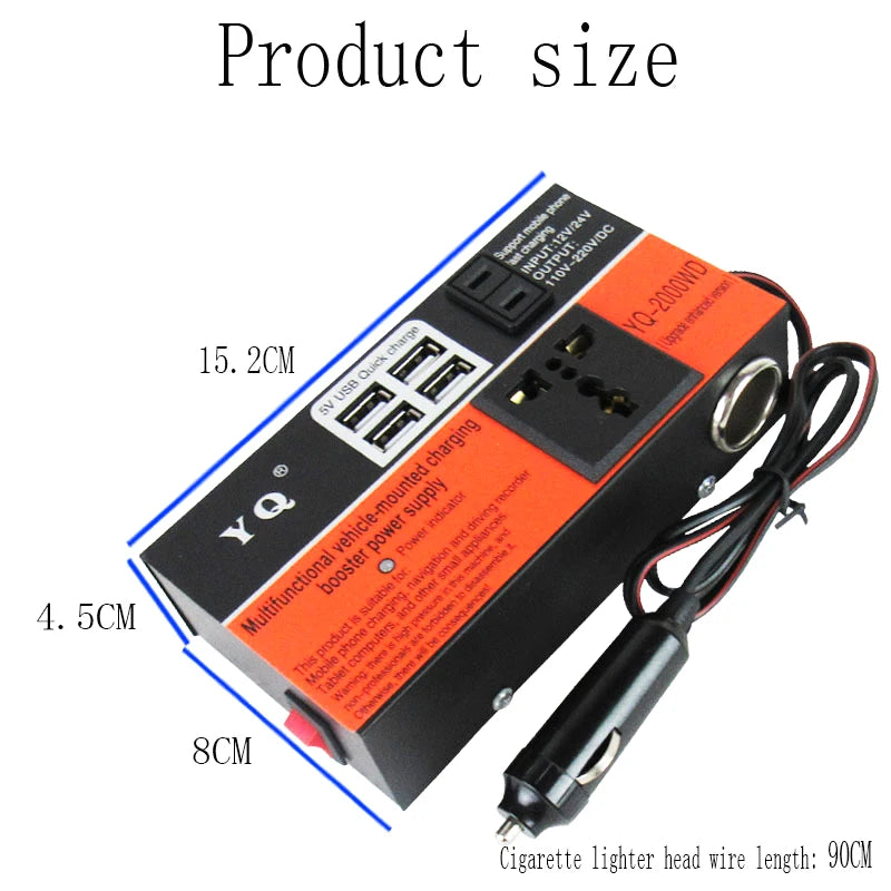 New Car Inverter Car Power Inverter 2000W DC 12V/24V To DC 110V/220V Converter Trip 4 USB Overload Protection Peaceful Pleasures Health and Wellness Black