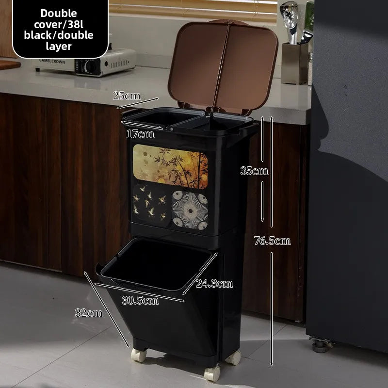 Vintage-Style Kitchen Trash Bin - Large Capacity, No Bending, Double Layer Wet/Dry Separation, Home Essential Peaceful Pleasures Health and Wellness Double 38L Black