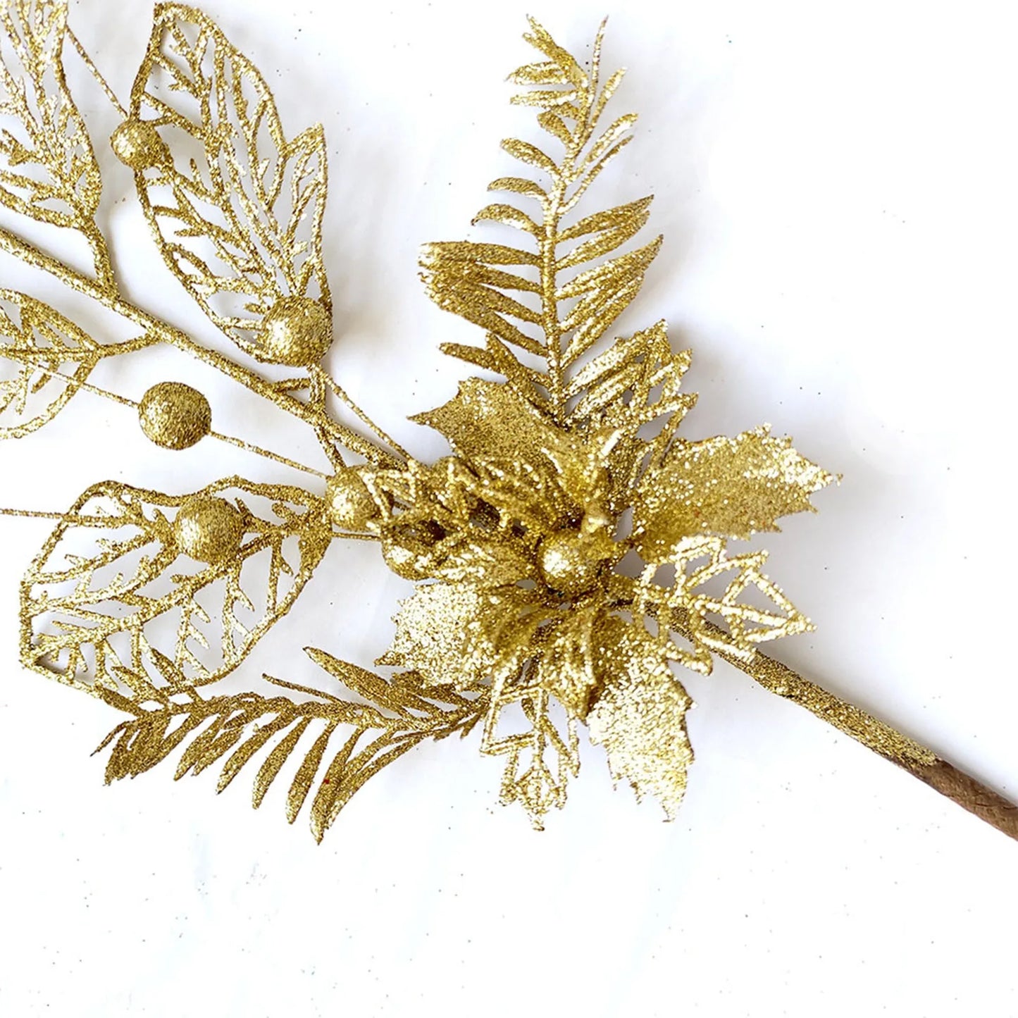 Christmas Tree Decoration Gold Lily Branch Home Decor Xmas Artificial Flower Leaves Berry Plug-In Glitter Fake Berries Branches Peaceful Pleasures Health and Wellness