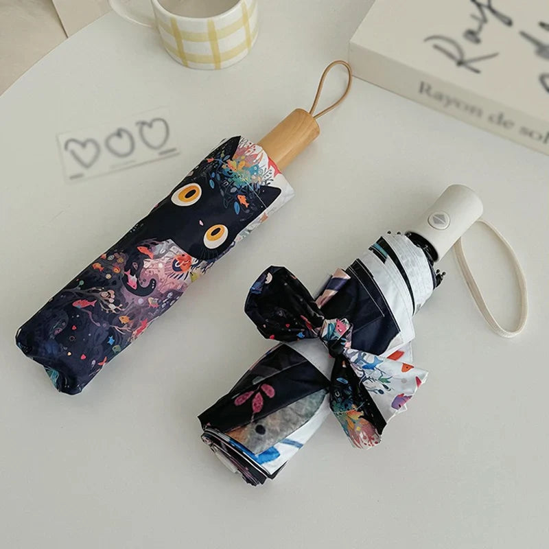 Cute Cat & Fish Folding Umbrella – UV & Rain Protection