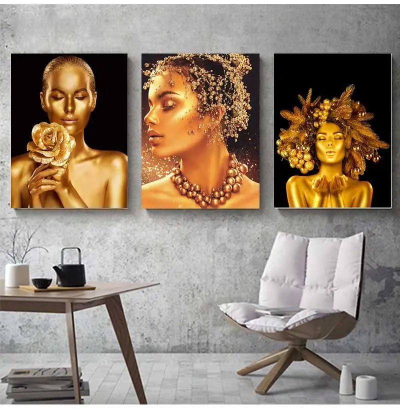Gold Woman Oil Painting on Canvas Cuadros Posters and Prints Wall Art Picture for Living Room Sexy Nude African Black Peaceful Pleasures Health and Wellness
