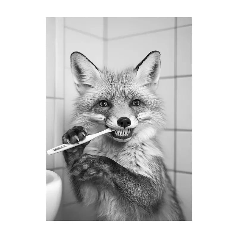 Funny Bathroom Animal Canvas Wall Art | Vintage Brushing Teeth