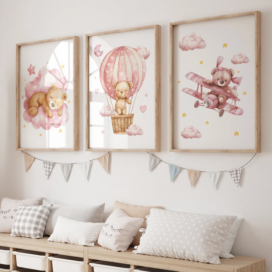 3-Piece Pink Teddy Bear Hot Air Balloon Kids Canvas Wall Art Kids Canvas Wall Art Peaceful Pleasures Health and Wellness PW023-3pcs 40x60cm No Frame