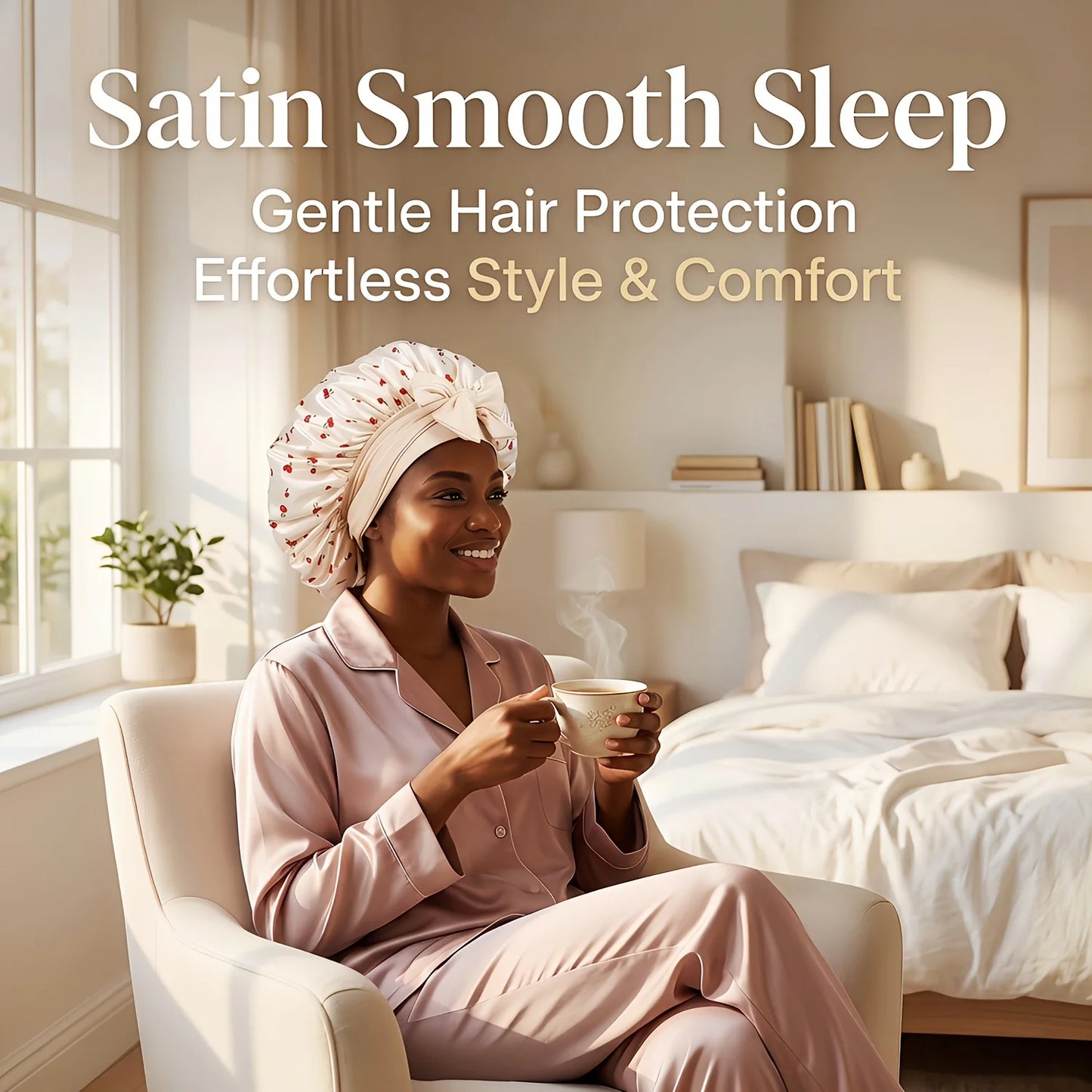 Satin Sleep Bonnet for Women – Cherry Print Lace-Up Hair Cap