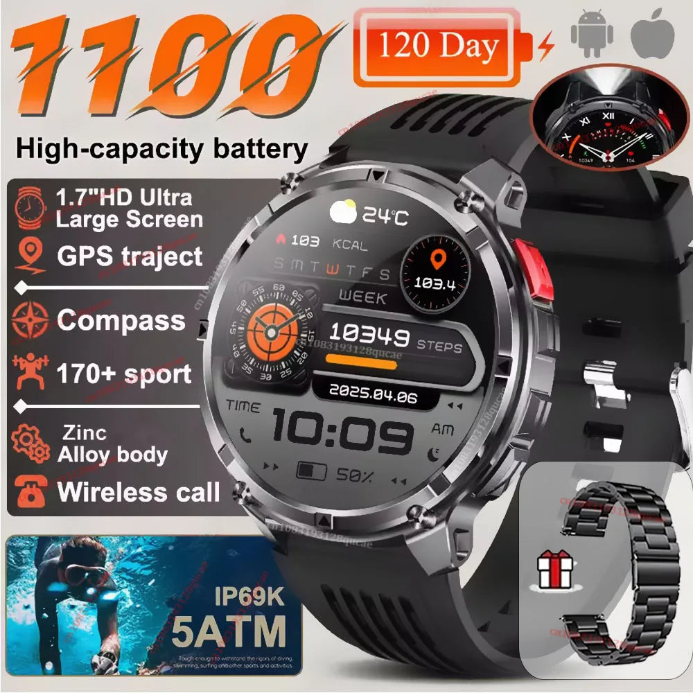 2026 New 1100mAh 1.7 Inch Smart Watch GPS path 5ATM Waterproof Sports Run Hiking Outdoors Compass Flashlight Military Smartwatch Peaceful Pleasures Health and Wellness Black Steel 1100 Mah