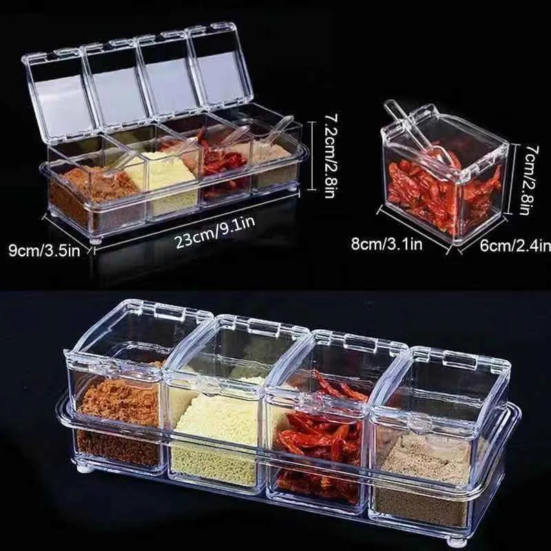 Clear Seasoning Box Set of 4 Crystal Seasoning Storage Container with Spoon Clear Seasoning Rack Spice Pots for Pepper Spice Peaceful Pleasures Health and Wellness