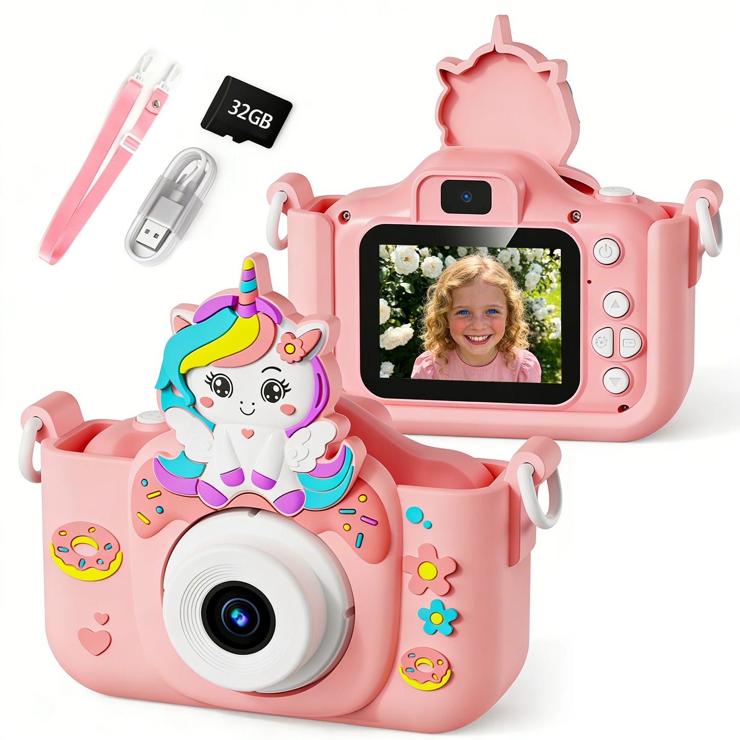 Kids Camera 1080P Video Mini Digital Camera Educational Toy Cameras With 32G Card Silicone Case for Girls Festival Birthday Gift Peaceful Pleasures Health and Wellness Pink06 32G Card