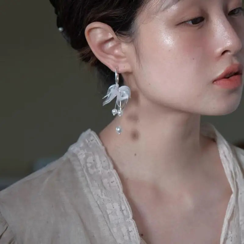White Floral Dangle Earrings – Faux Pearl Tassel Bridal Gift