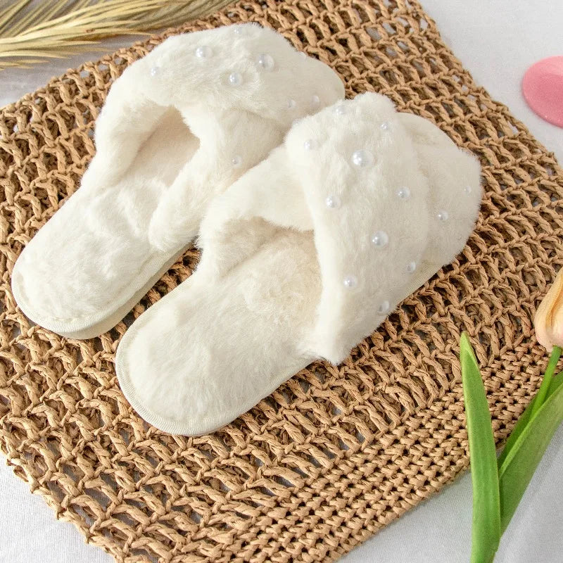 White Fluffy Pearl Slippers Wedding Bridesmaid Bridal Shower Bride Gift Maid of Honour Bachelorette Hen Party Supplies Proposal Peaceful Pleasures Health and Wellness