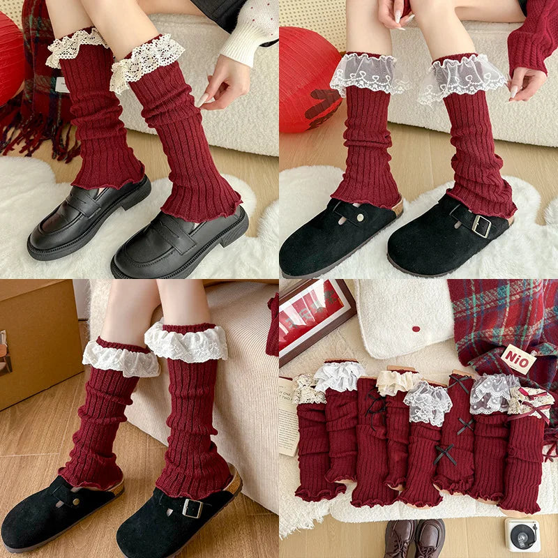 Fashionable Versatile Socks for Women Autumn Winter Red Legs Set Lolita Korean Lace Year Christmas Red Ballet Style JK Calf Sock Peaceful Pleasures Health and Wellness