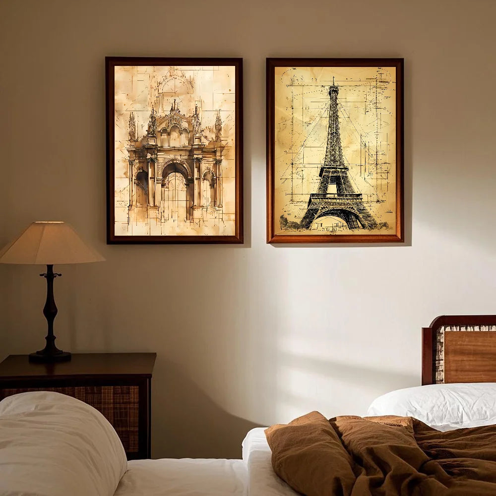 Vintage Architecture Drawings Wall Poster | Waterproof PVC Art Wall Art Poster Peaceful Pleasures Health and Wellness