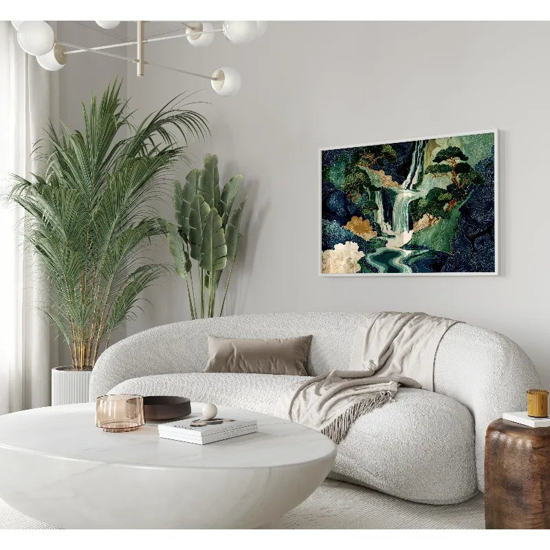 Hokusai Waterfall Oil Painting Print Japanese Ukiyo-e Blue Green Wall Art Modern Canvas Poster Living Room Bedroom Home Decor Peaceful Pleasures Health and Wellness
