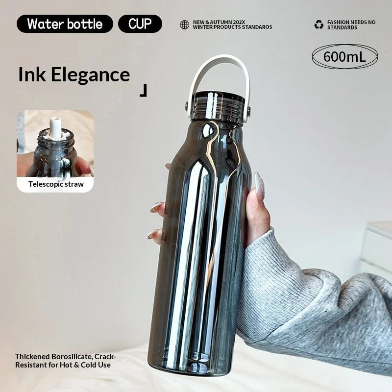 600ML Elegant Leakproof Water Bottle with Time Scale Stay Hydrated Daily Lightweight for Fitness & Outdoor Adventures Straw Cup Peaceful Pleasures Health and Wellness smoke gray