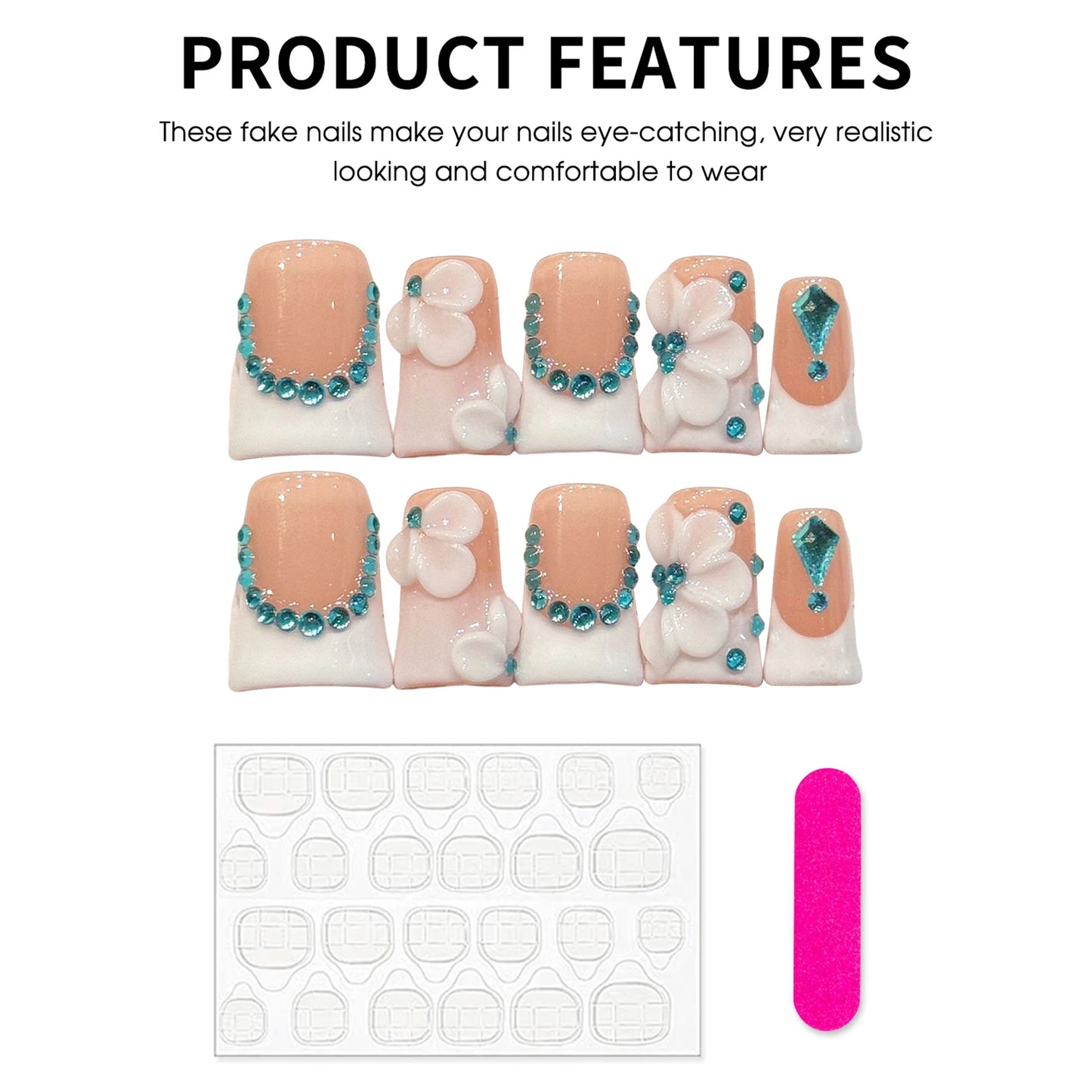 3D Carved Flower Press On Nails | Blue Pink Gradient & Rhinestone