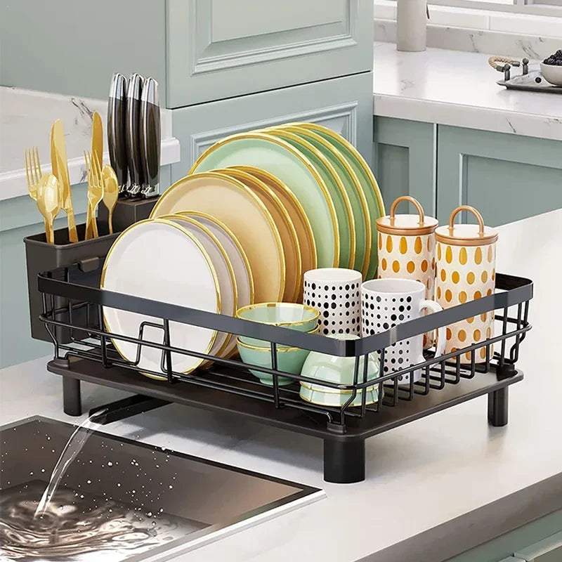 Iron Dish Drying Rack with Utensil Holder & Drainboard | Kitchen