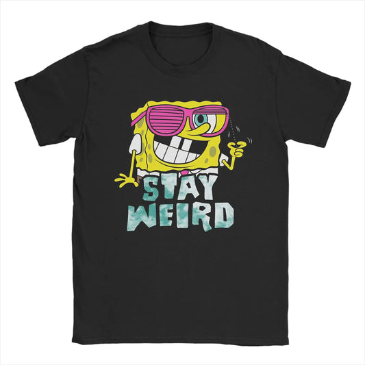 S-Spongebobs T Shirt Summer Stay Weird Pure Cotton T Shirts For Men Popular Casual Tshirt Short Sleeve Awesome Top Tees Peaceful Pleasures Health and Wellness black 6XL