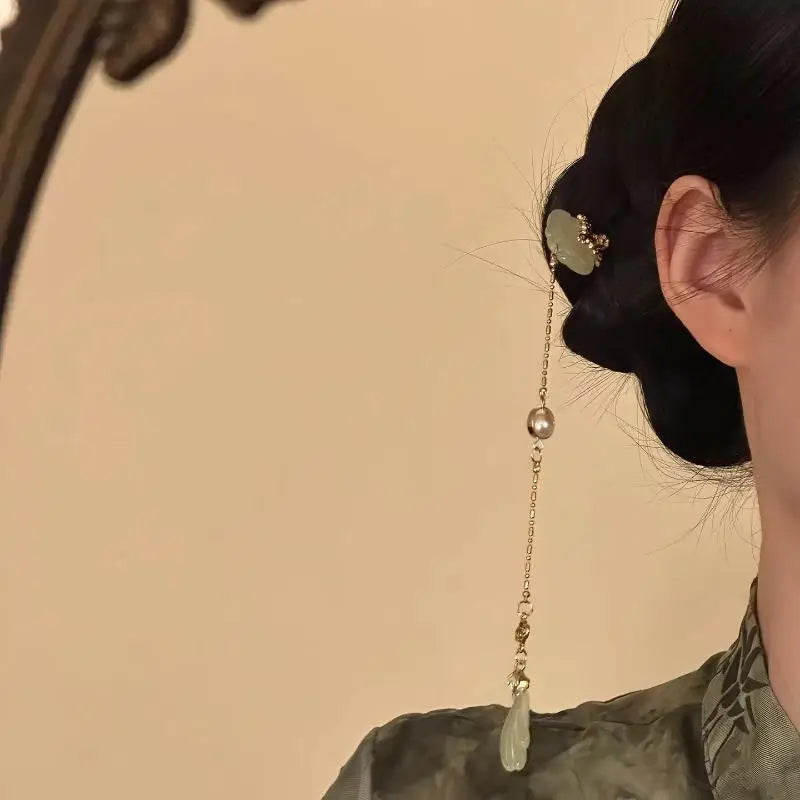 Vintage Pearl Tassel Hair Clip – Enamel Flower Hanfu Hair Pin