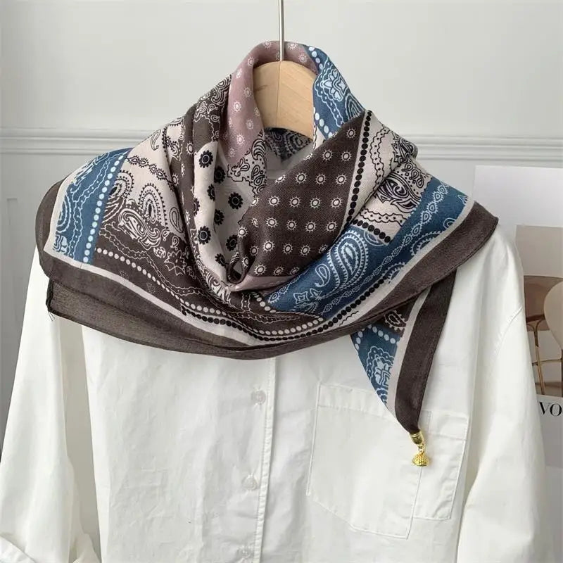 70x70 Retro Print Square Silk Scarf with Magnetic Buckle