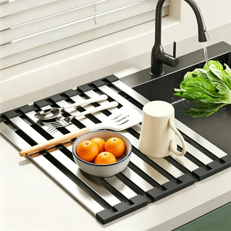 304 Stainless Steel Kitchen Sink Drain Rack Foldable Dish Drainer Rack Rack Sink Bowl and Dish Storage Rack Drying Storage Shelf Peaceful Pleasures Health and Wellness