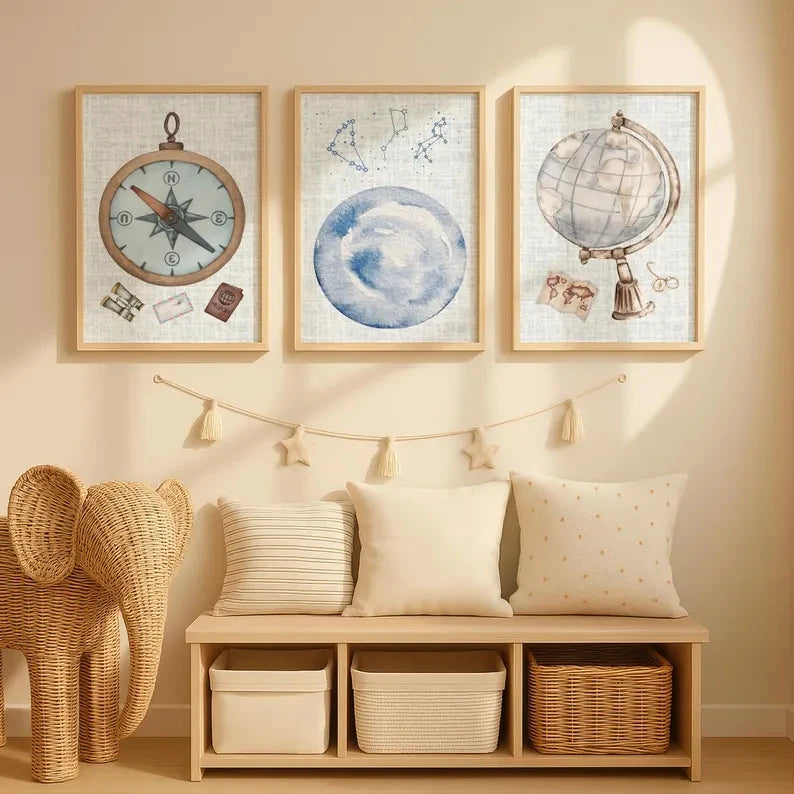 3-Piece Adventure Nursery Canvas Wall Art | Compass Globe Moon