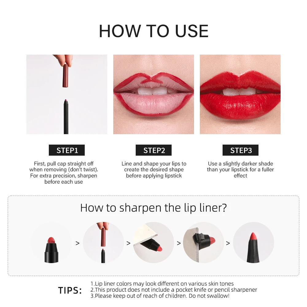 12 Colors Matte Lipliner Pencil Red Contour Tint Lipstick Waterproof Long Lasting Non-stick Cup Moisturising Lips Makeup Peaceful Pleasures Health and Wellness