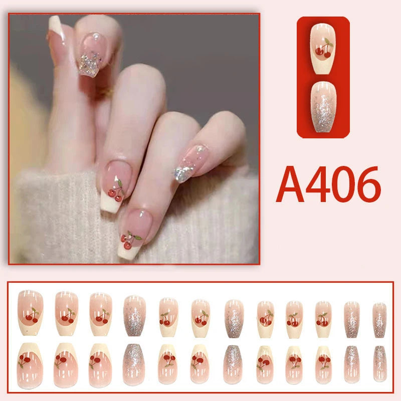 24Ps/Set Kids Fun Cute Wearing False Nails Fresh Bright Removable Press On Nail Tips Full Cover French Acrylic Fake Nails Peaceful Pleasures Health and Wellness
