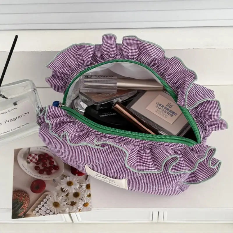 Women's Vintage Gingham Cosmetic Makeup Bag With Ruffled Edges-Large Capacity Organizer For Daily Travel Peaceful Pleasures Health and Wellness