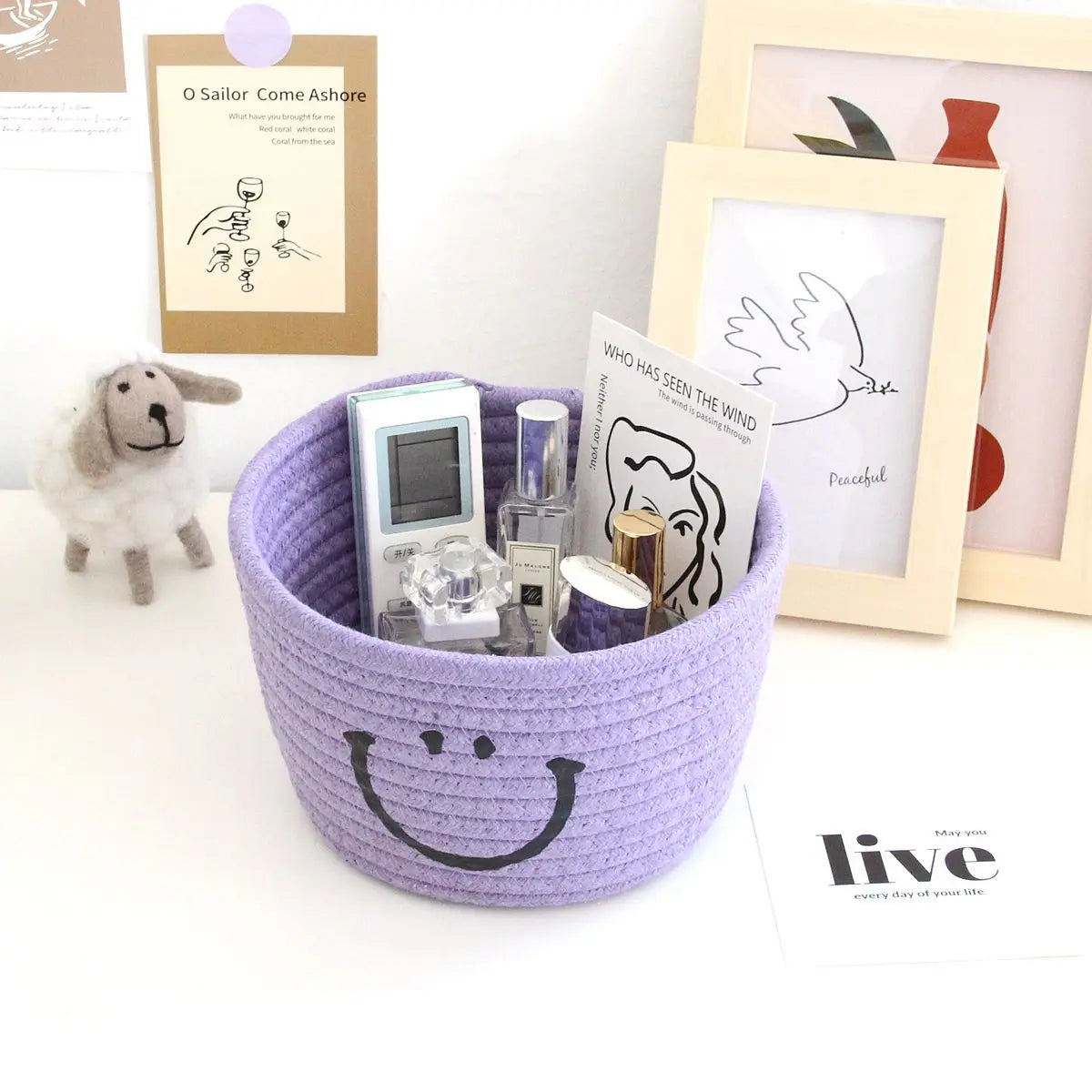 Smiley Face Desktop Storage Box Fabric Foldable Organizer for Remotes Stationery Mobiles Cosmetics Medicine Miscellaneous Items Peaceful Pleasures Health and Wellness PURPLE