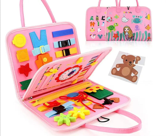 Montessori Felt Busy Board – 25-in-1 Kids Travel Learning Toy Montessori Activity Toy Peaceful Pleasures Health and Wellness Pink