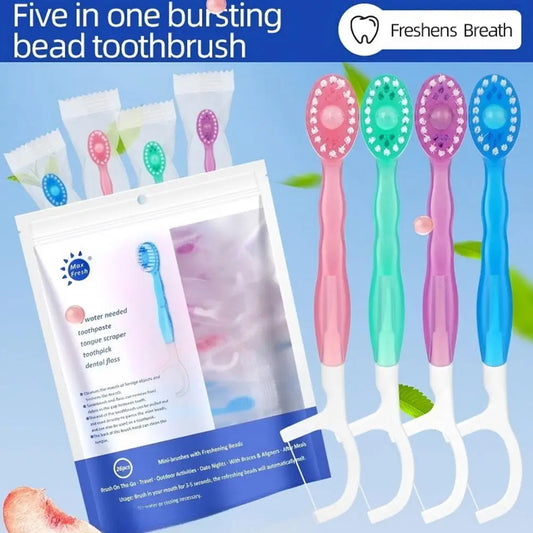5-in-1 Disposable Travel Toothbrush with Mint Bead & Dental Floss Disposable Travel Toothbrush Peaceful Pleasures Health and Wellness