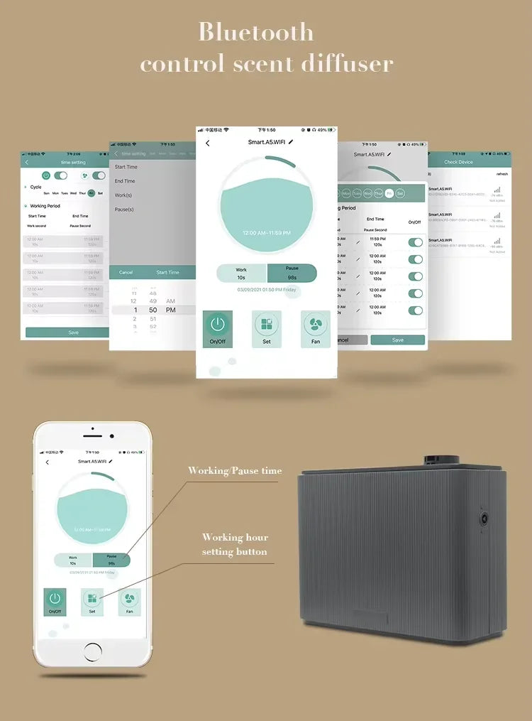 Bluetooth control scent diffuser with smartphone app interface on a beige background