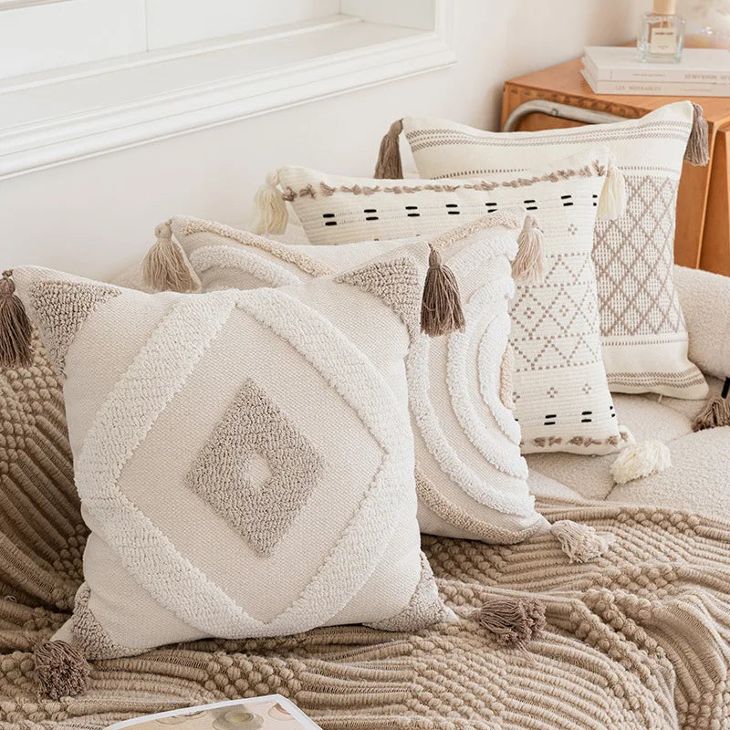 Battilo Luxury Pillow Cover with Tassels Soft Cotton Pillowcase Boho Decorative Throw Pillow for Living Room Sofa Cushion Cover Peaceful Pleasures Health and Wellness