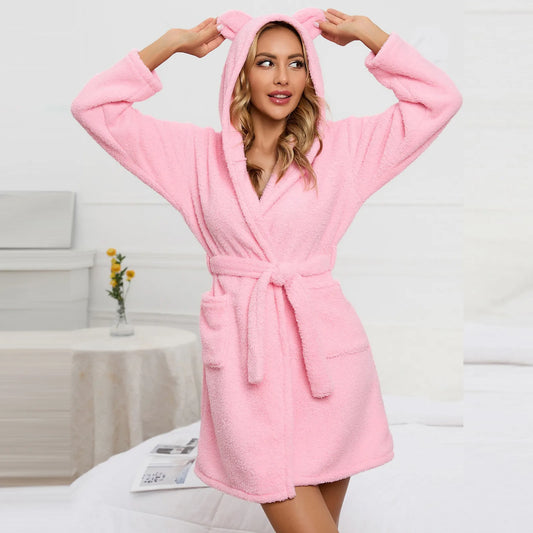 Women's Fluffy Hooded Bathrobe | Plush Winter Dressing Gown Hooded Bathrobe Peaceful Pleasures Health and Wellness