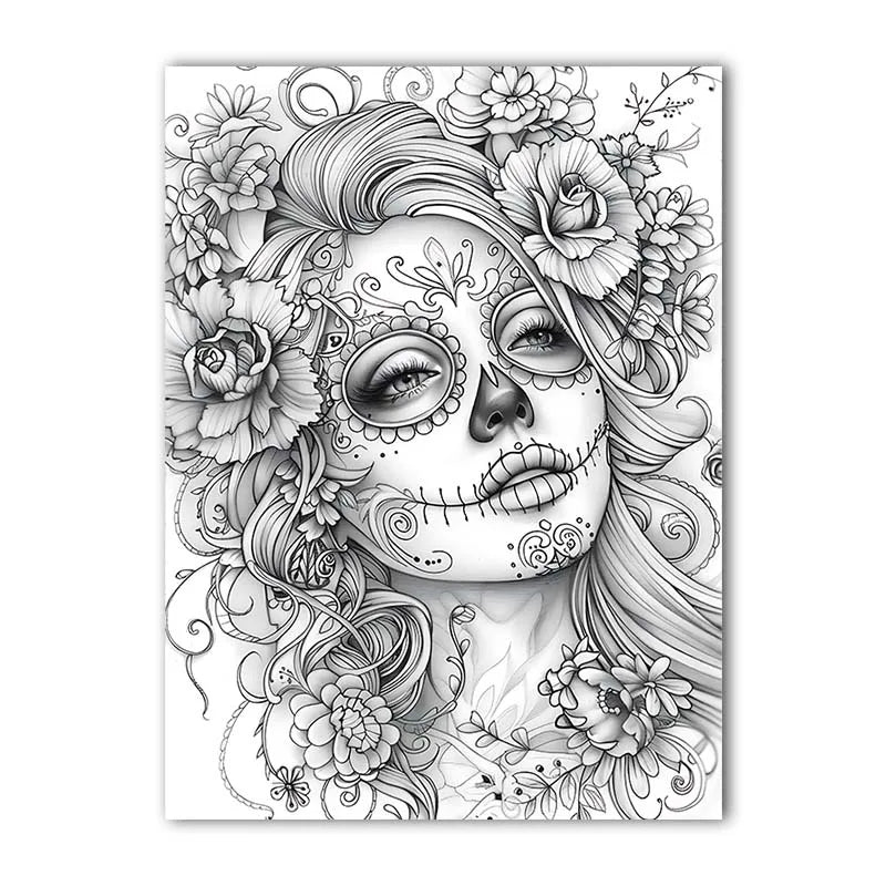 Black & White Skull Girl Makeup Canvas Wall Art | Modern Print Canvas Wall Art Peaceful Pleasures Health and Wellness 05 50x70cm NoFrame China Mainland