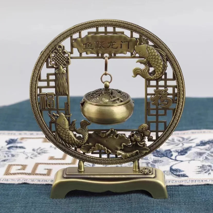 Creative Vintage Hollow Out Metal Incense Burner Holder Exquisite Hill Shape Incense Burner For Yoga Home tea ceremony ornaments Peaceful Pleasures Health and Wellness Fish Leaping