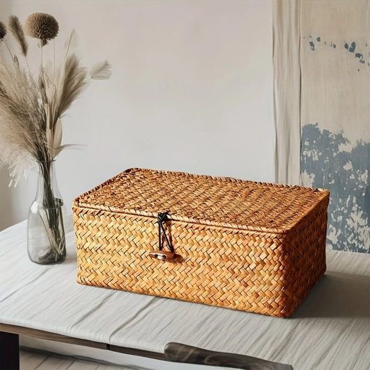 Traditional Braided Straw Box with Lid Rectangular Natural Rattan Organizer for Trinkets Cosmetics or Crafts Peaceful Pleasures Health and Wellness