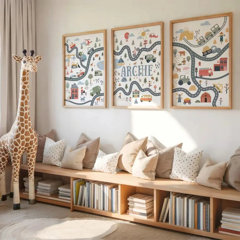 3-Piece Cartoon Transport & Animals Canvas Wall Art | Kids Decor
