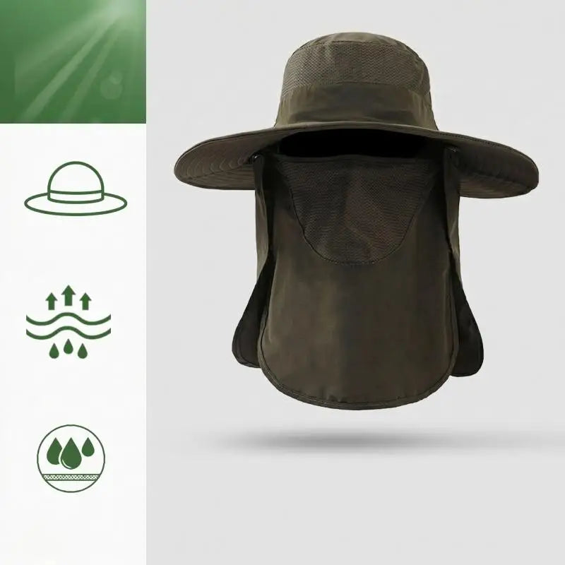 Full Coverage Sun Protection Bucket Hats Detachable Face & Neck Flap Outdoor Fishing Hats Breathable Mesh Wide Brim Headwear Peaceful Pleasures Health and Wellness dark green