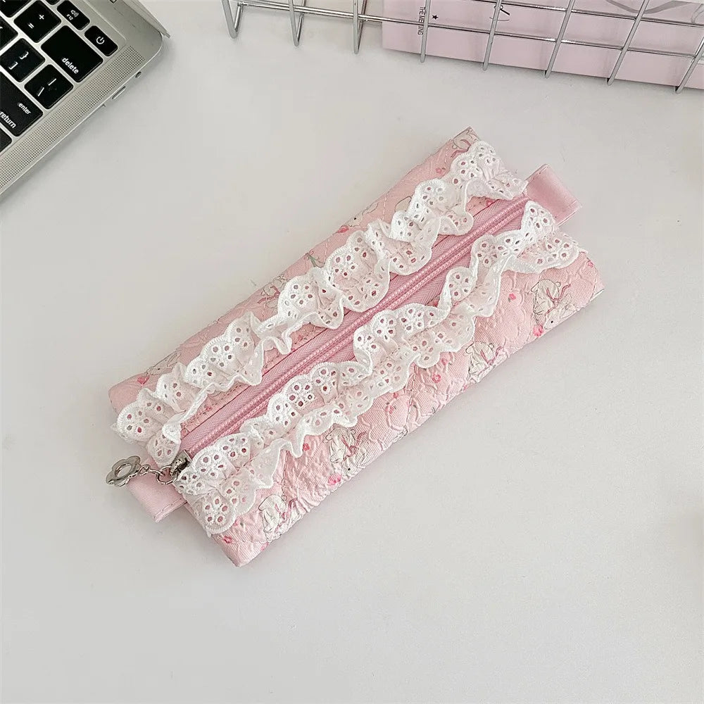 Fresh Lace Pencil Pouch Large Capacity Cosmetic Bag Flower Pattern Pen Case Makeup Bag Cartoon Stationery Storage Bag Peaceful Pleasures Health and Wellness Style K